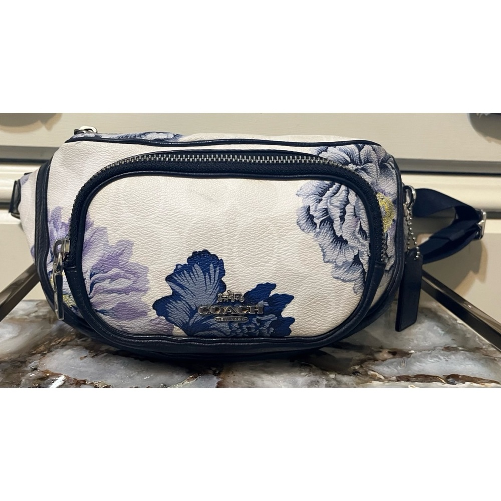 Coach White Floral Leather Belt Bag with Navy Trim